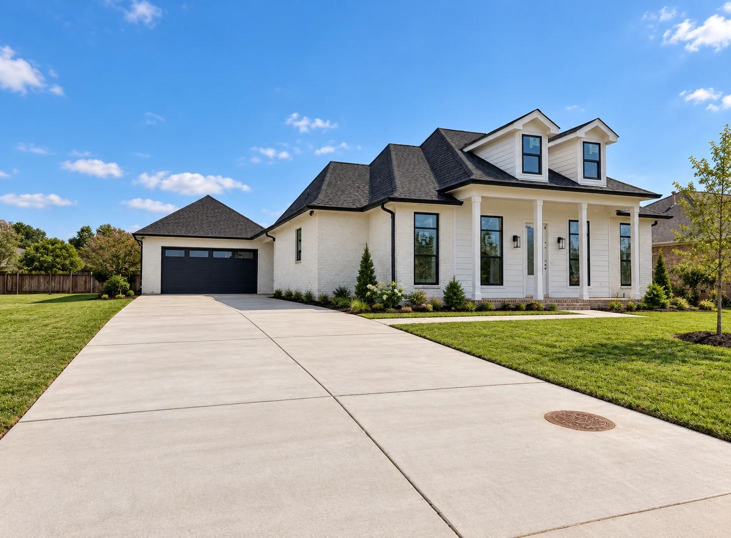 H&E white home with black roof, sunny sky and digitally completed landscaping