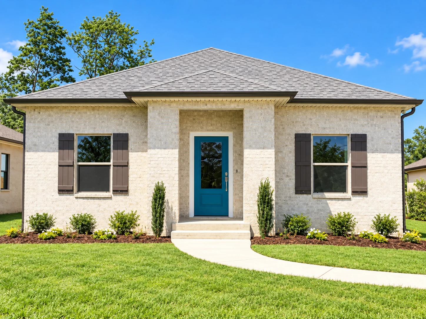 H&E completed and sold white brick spec home with teal front door